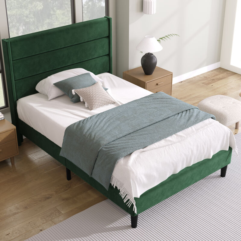 foto del prodotto letti singoli per bambini adulti 90x200cm con testiera, rete a doghe, senza materasso, velluto, verde