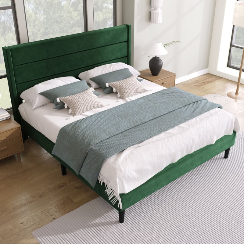 foto del prodotto letti singoli per bambini adulti 140x200cm con testiera, rete a doghe, senza materasso, velluto, verde