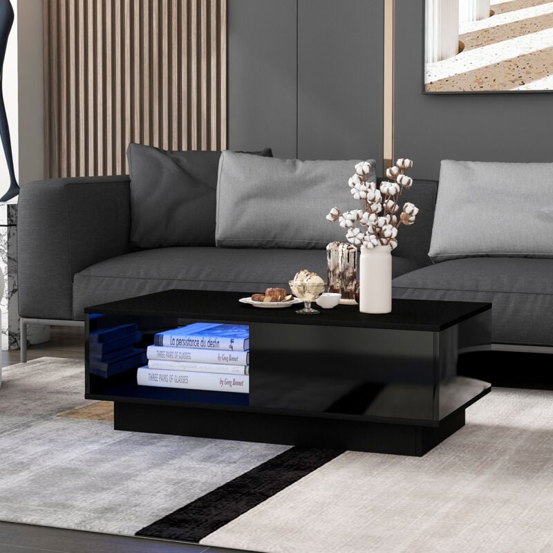 foto del prodotto tavolini bassi fissi 95x55x32cm, tavolino salotto, 1 cassetto, led, pannello truciolare, nero