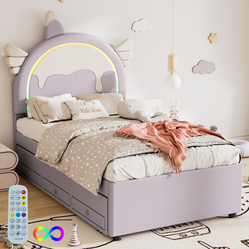 foto del prodotto letti con letti estraibili per bambini 90x200 cm, led, 3 cassetti, letto singolo, pu, senza materasso, viola