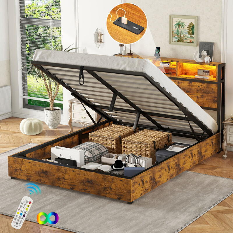 foto del prodotto letti contenitori 140x200 cm letti singoli per adulti, idraulici, led, mdf e metallo, senza materasso, marrone