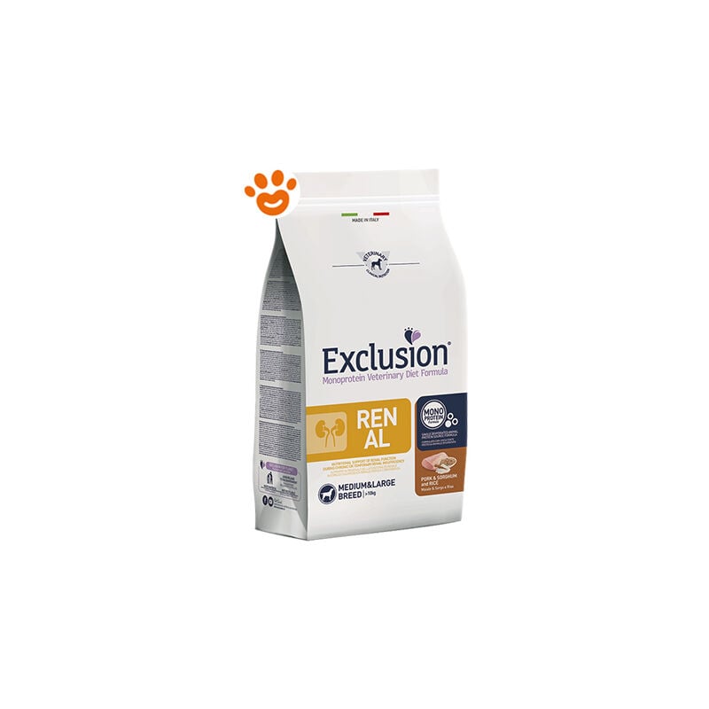 foto del prodotto exclusion dog renal adult medium large breed maiale saggina e riso dog renal adult medium large breed maiale saggina e riso sacco da 12 kg