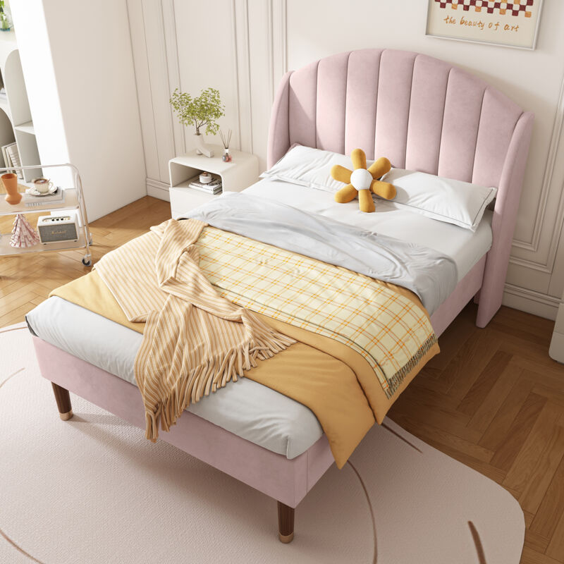 foto del prodotto letti singoli 90x200cm letti per bambini adulti con testiera arcuata, rete a doghe, velluto, senza materasso, rosa