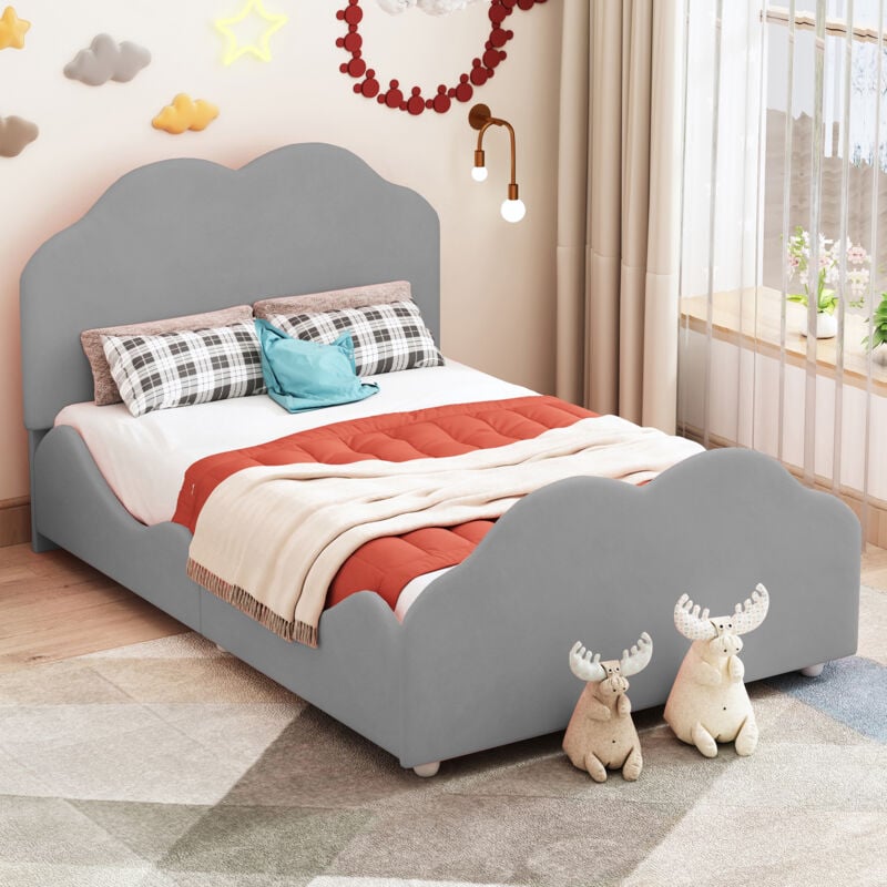 foto del prodotto letti per bambini adulti 90x200 cm, singoli, con testiera e pediera a forma di nuvola, velluto, grigio, senza materasso