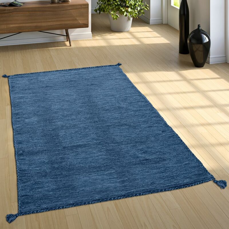 foto del prodotto paco home tappeto da soggiorno naturale con frange, kelim moderno intessuto a mano, 100 cotone 160x220 cm, blu