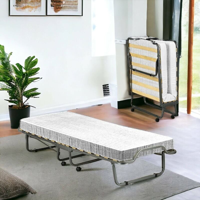 foto del prodotto talamo italia letto pieghevole vania, brandina con rete 15 doghe, materasso incluso, lettino salvaspazio, 100 made in italy, 80x190h39 cm,