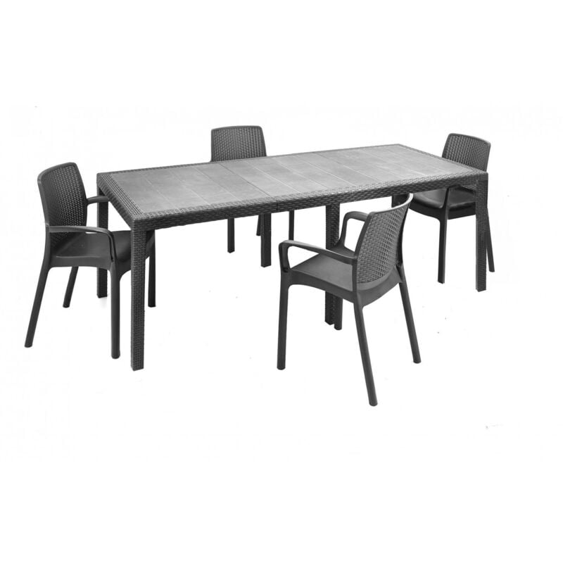 foto del prodotto set salotto da esterno arret, ripiano allungabile da esterno con 4 sedie, tavolo e sedute da giardino effetto rattan, 100 made in italy, antracite