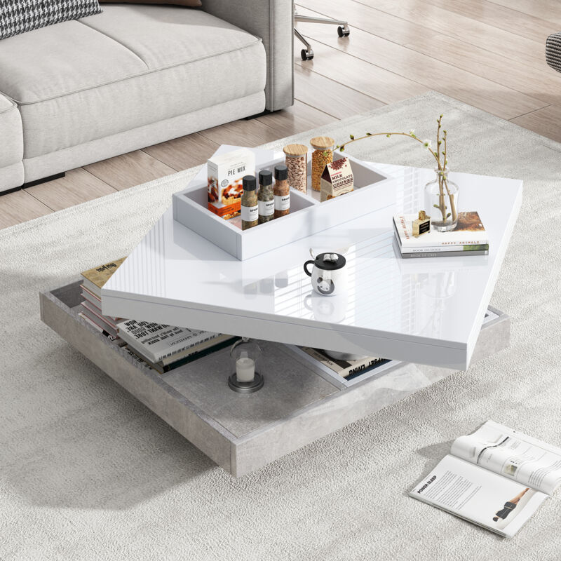 foto del prodotto tavolini bassi fissi 70x70x36cm, tavolino salotto, piano girevole, vani portaoggetti aperti, pannello truciolare, bianco grigio