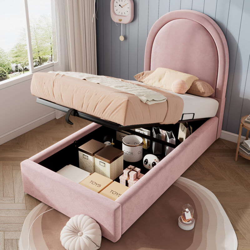 foto del prodotto letto contenitore 90x200 cm, letto per bambini 90x200 cm, letto imbottito, letto singolo, testiera con motivo cosmico, velluto, rosa, senza materasso