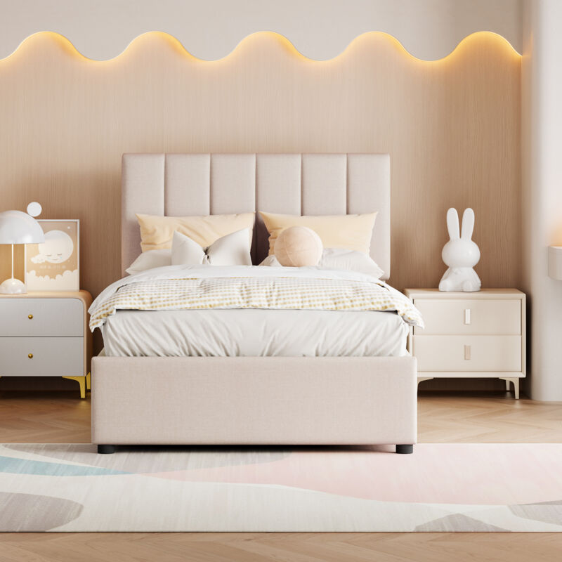 foto del prodotto letto contenitore letto singolo per adulti 90 x 200 cm, idraulico, lino delicato sulla pelle, beige
