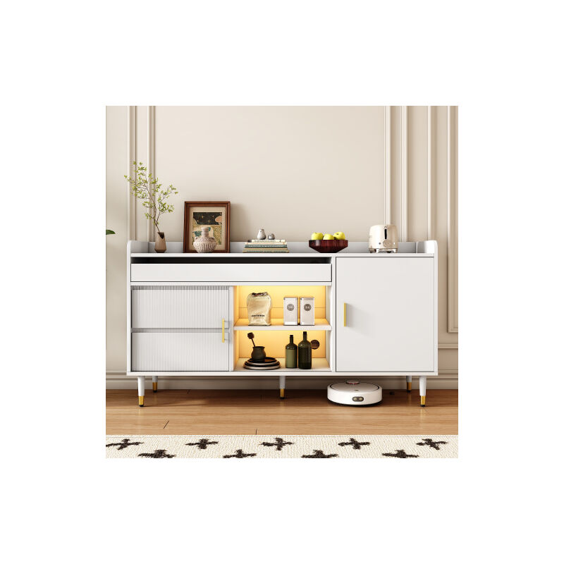 foto del prodotto credenza bianca con ante scorrevoli in vetro e illuminazione a led, credenza soggiorno per sala da pranzo, soggiorno, corridoio