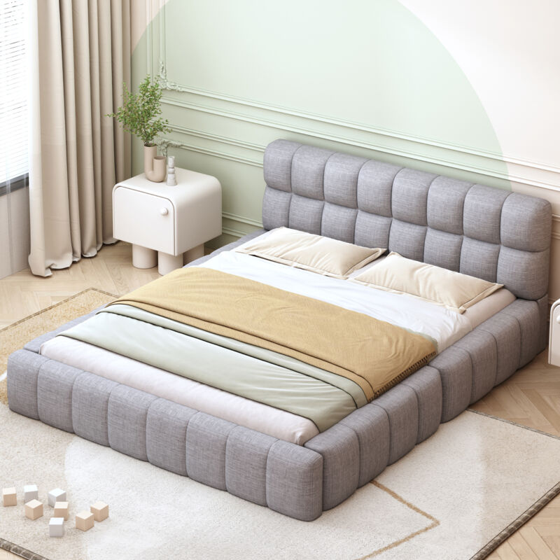 foto del prodotto letto per adulti 140x200 cm, letto per ragazzi, letto matrimoniale imbottito grigio con schienale morbido, rete a doghe, biancheria, senza materasso