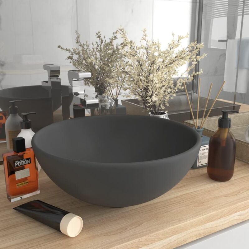 foto del prodotto lavabo bagno ,lavandino da appoggio lusso rotondo grigio scuro opaco 32,5x14 cm ceramica itd14647