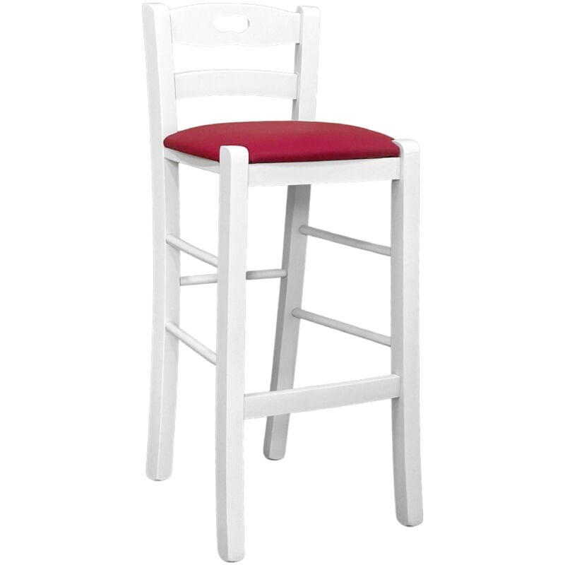 foto del prodotto sgabello legno bianco con foro nello schienale h66 seduta ecopelle rosso