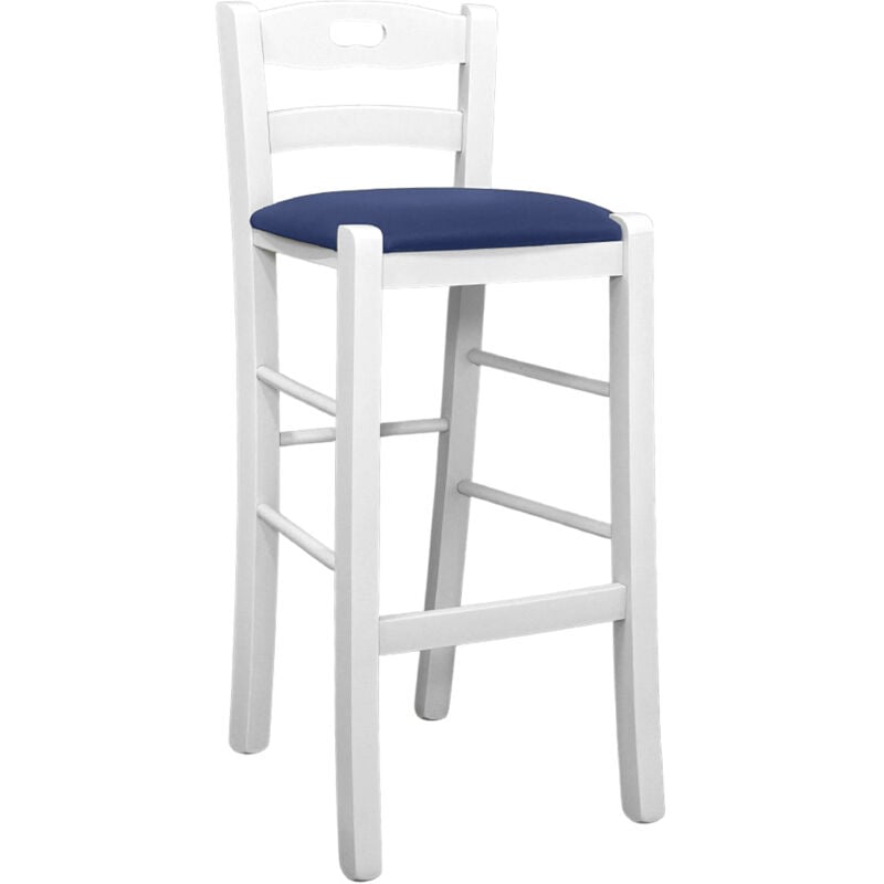 foto del prodotto sgabello legno bianco con foro nello schienale h66 seduta ecopelle blu