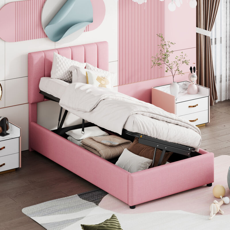 foto del prodotto letti contenitori 90x200cm per bambini adulti con cassone, idraulico, lino, senza materasso, rosa