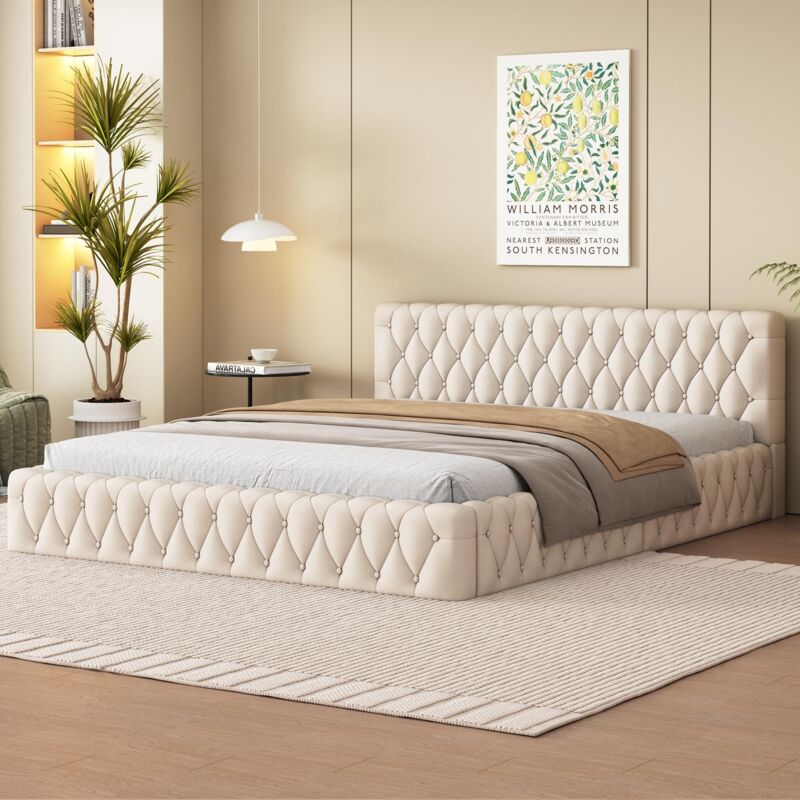 foto del prodotto letti per adulti 140x200cm letti matrimoniale, letti per bambini, velluto, senza materasso, beige