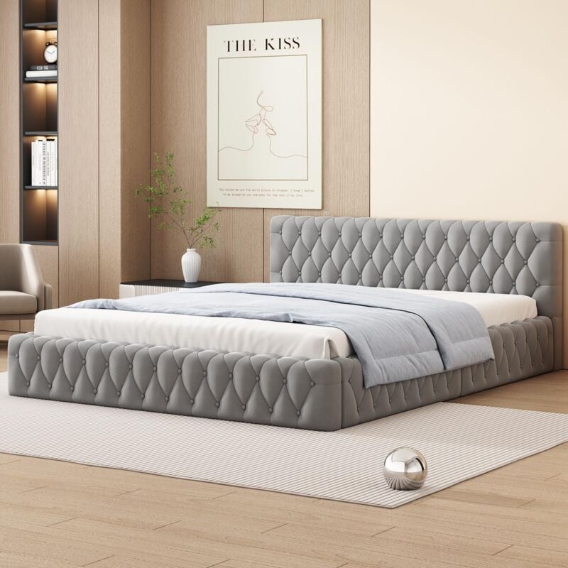 foto del prodotto letti per adulti 140x200cm letti matrimoniale, letti per bambini, velluto, senza materasso, grigio