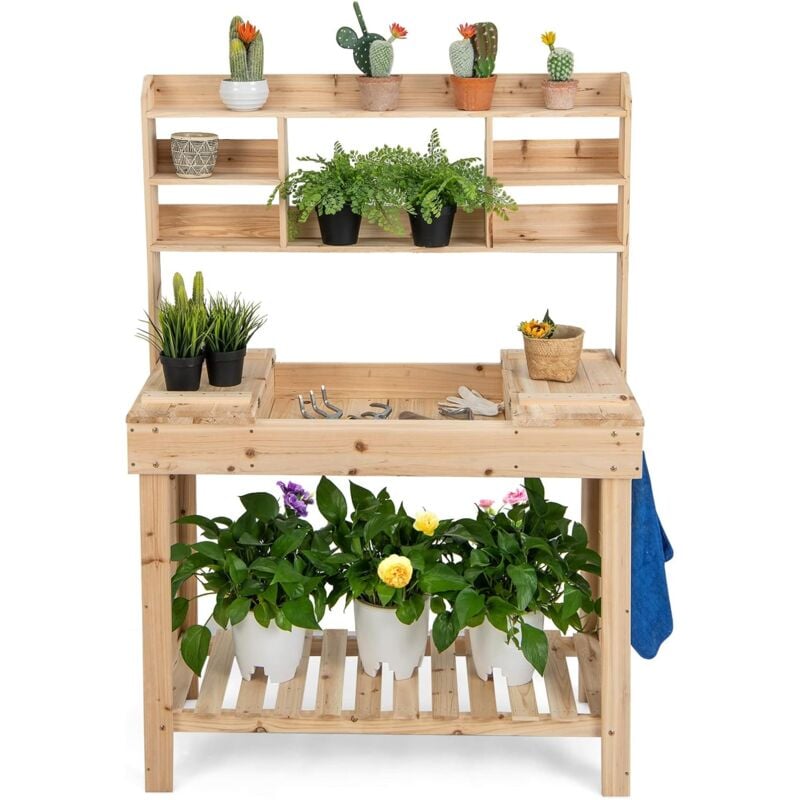 foto del prodotto relax4life tavolo da lavoro per giardinaggio in legno di abete naturale, con piano apribile, 3 ripiani, 3 ganci, altezza ergonomica, per giardino,