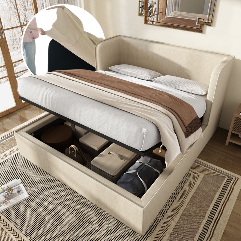 foto del prodotto letti contenitori, letto matrimoniale imbottito per adulti, rete a doghe, lino, senza materasso, beige, 160 200 cm