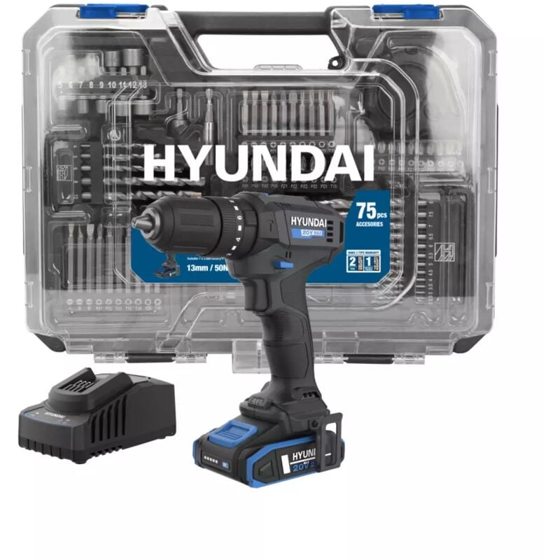foto del prodotto kit valigetta trapano a percussione a batteria hyundai 50 nm 20v 2ah, caricabatterie e 75 utensili cod. 25873