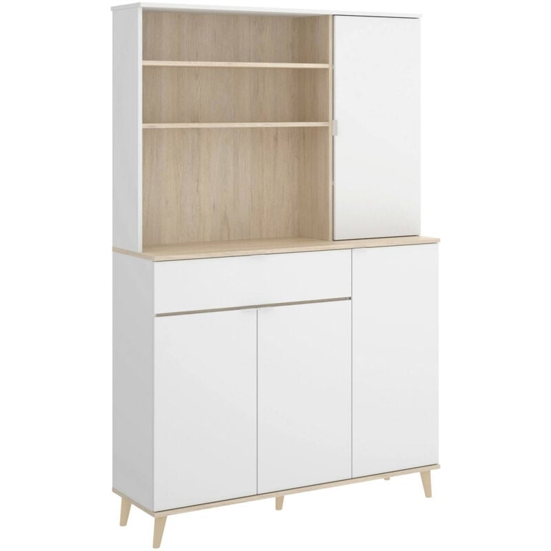 foto del prodotto credenza sparavero, buffet dispensa da soggiorno, madia da salotto moderna a 4 ante, 120x40h191 cm, bianco e rovere, con imballo rinforzato dmora