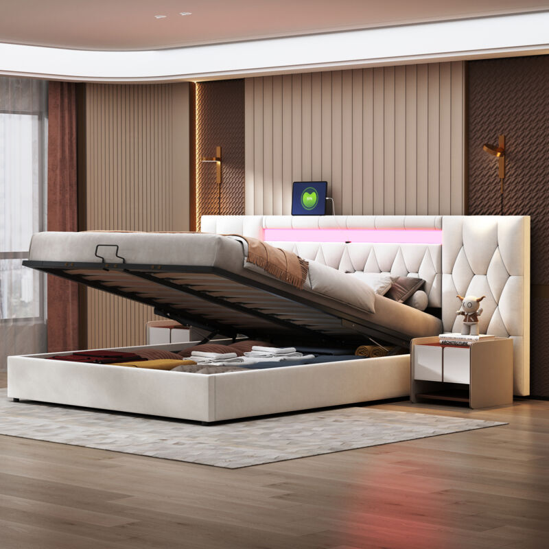 foto del prodotto letti contenitori 180x200cm letti matrimoniale per adulti, testiera allungata, led e usb, velluto, senza materasso, beige