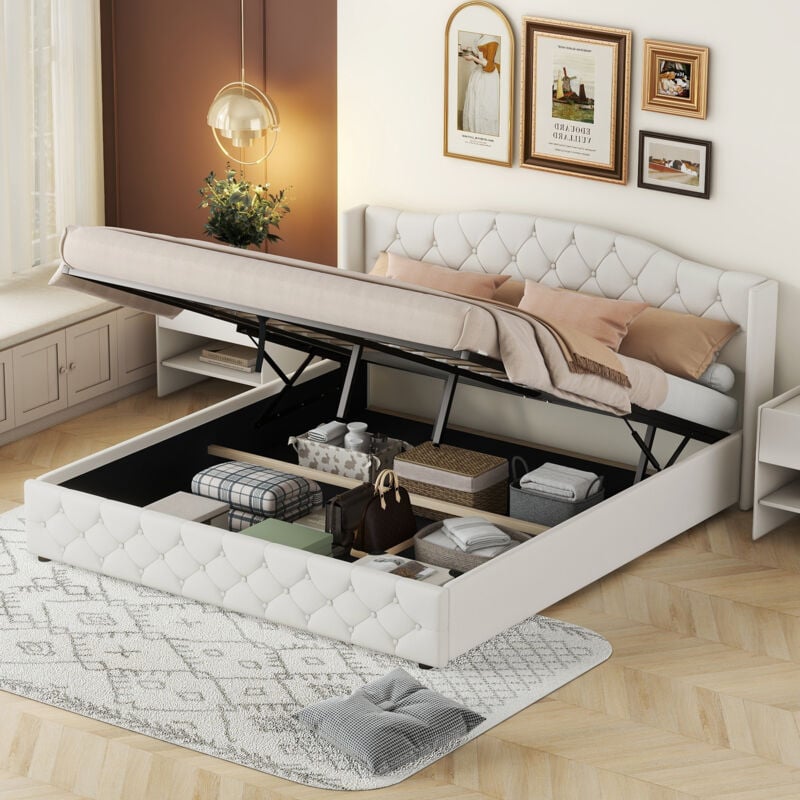 foto del prodotto letti contenitori 180x200cm letti matrimoniale per adulti, idraulico, velluto, senza materasso, beige