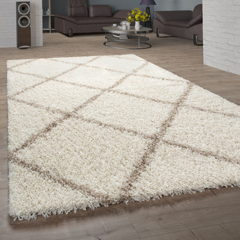 foto del prodotto paco home tappeto per soggiorno a pelo alto shaggy design scandinavo con motivo a rombi, moderno beige 160x220 cm
