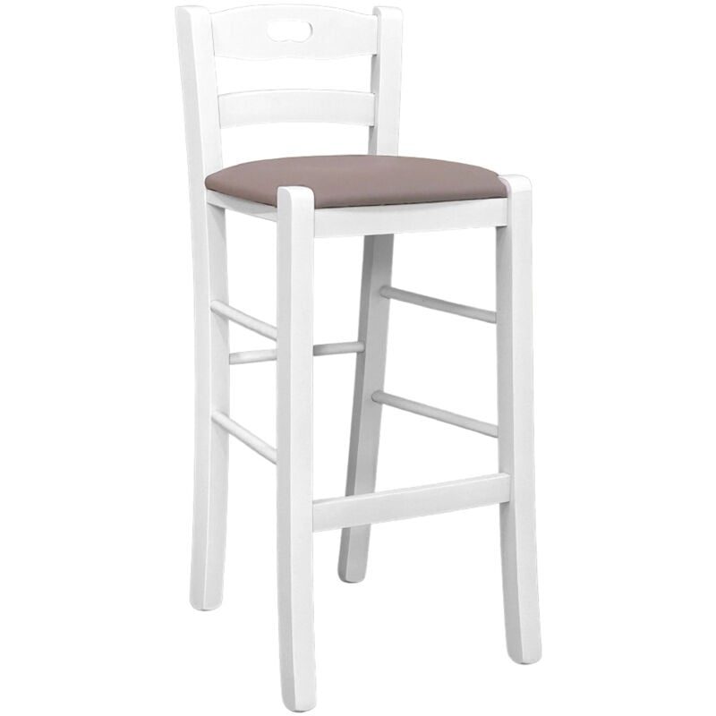 foto del prodotto sgabello legno bianco con foro nello schienale h66 seduta ecopelle tortora