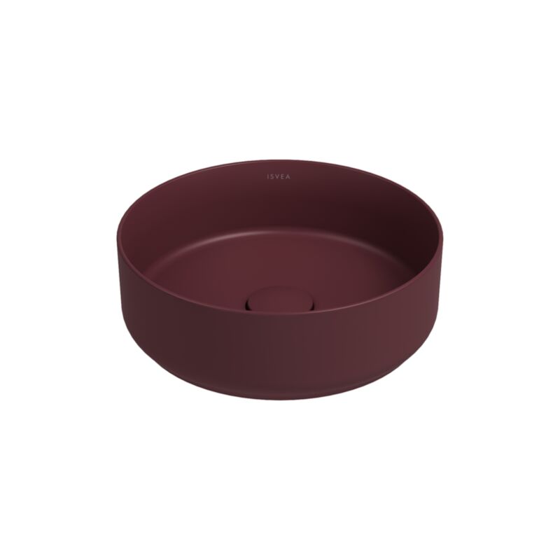 foto del prodotto lavabo tondo da appoggio senza troppo pieno in ceramica senza foro rubinetto bordeaux opaco