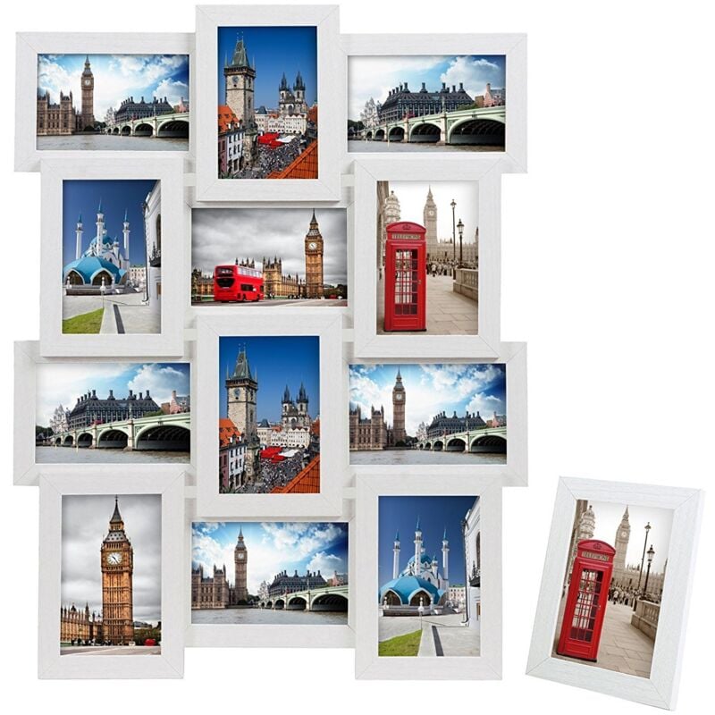 foto del prodotto songmics cornice 10x15 cm multifoto da parete posti di foto e un portafoto singolo da tavolo bianco con venatura del legno rpf112w, confezione da