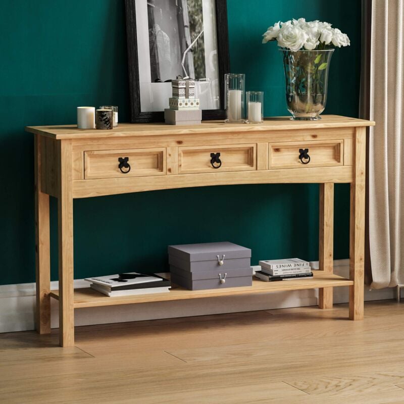 foto del prodotto consolle corona, con 3 cassetti e un ripiano, in legno di pino massiccio, mobile messicano home discount