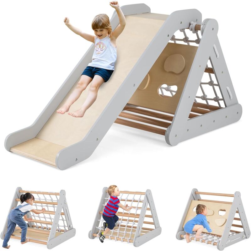 immagine 0 del prodotto goplus 3 in 1 scala di arrampicata per bambini, con rete di arrampicata, tavola e scala di arrampicata e scivolo, struttura a triangolo in legno