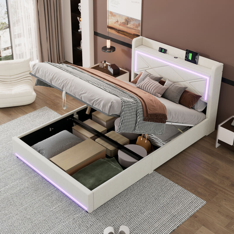 foto del prodotto letti contenitori 140x200 adulto bambino, letti matrimoniale, testiera con led e usb, senza materasso, beige