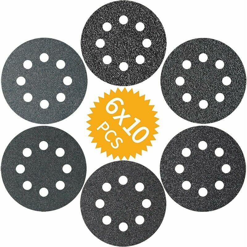 foto del prodotto 60 pezzi 125mm dischi abrasivi al carburo di silicio, 60 100 150 180 240 320 grana 8 fori dischi abrasivi per levigatrici