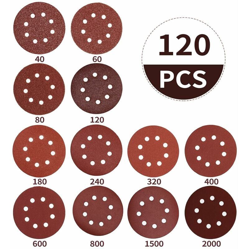 foto del prodotto 120 pezzi dischi abrasivi, 125 mm 8 fori carta vetrata, per levigatrice orbitale casuale dischi abrasivi, disco abrasivo grana 10 x