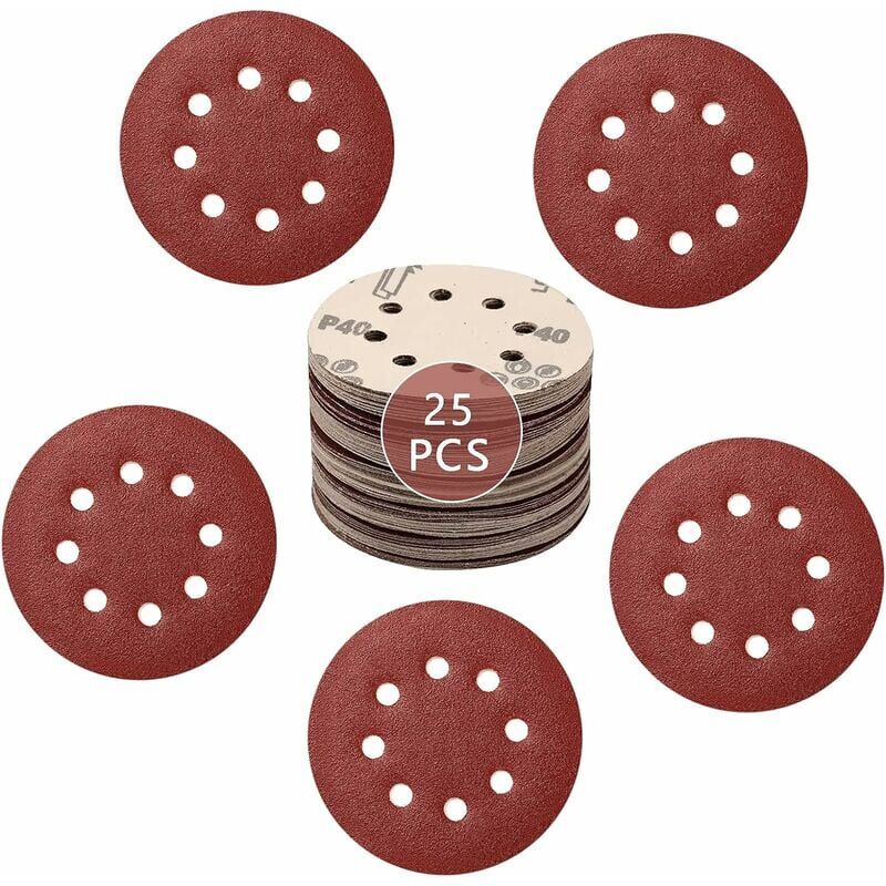 foto del prodotto 25 pezzi 125mm dischi abrasivi con gancio e passante 8 fori 125mm dischi abrasivi per levigatrice orbitale casuale 5 x 40 80 120 180 240 grana