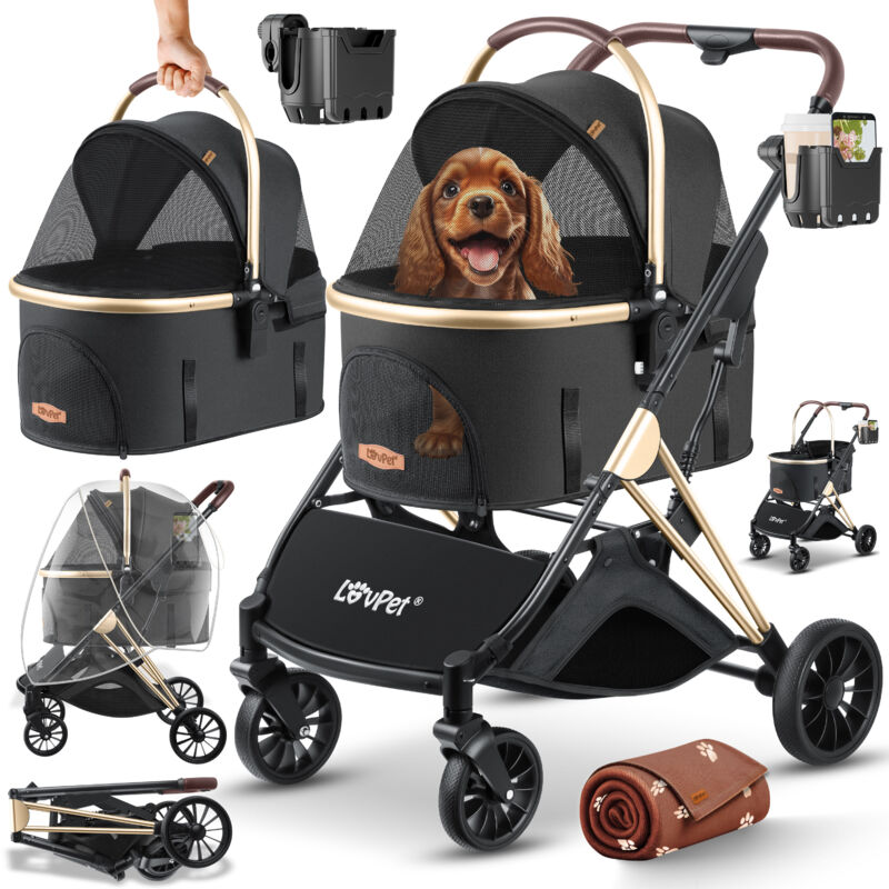 foto del prodotto lovpet passeggino per cani 3in1 dog buggy box borsa da trasporto per cani 360 ruote grandi buggy pieghevole per animali domestici con finestre a