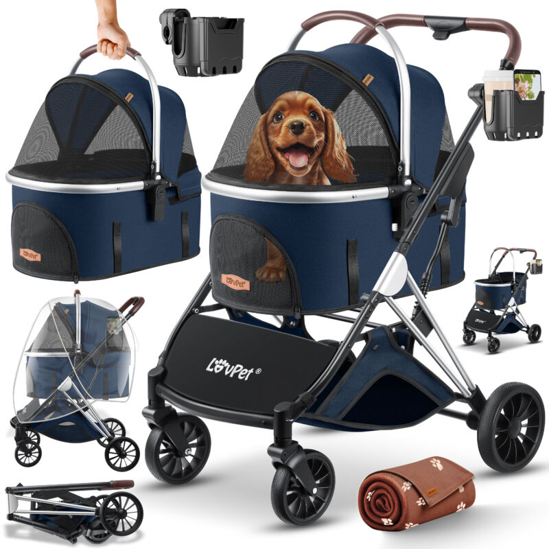 foto del prodotto lovpet passeggino per cani 3in1 box per cani borsa per il trasporto 360 ruote grandi passeggino pieghevole per animali domestici con finestre a
