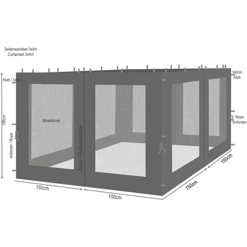 foto del prodotto 4 pannelli laterali con zanzariera 300x195cm antracite per gazebo 3x3m
