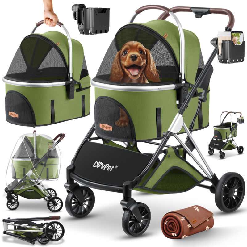 foto del prodotto lovpet passeggino per cani 3in1 dog buggy borsa per il trasporto del box per cani 360 ruote grandi buggy pieghevole per animali domestici con