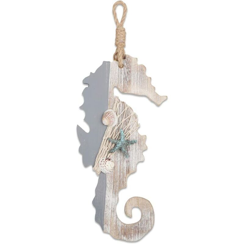 foto del prodotto cavalluccio marino decorativo in legno da 30 cm con stelle marine e conchiglie per decorazioni nautiche, arte da parete appesa
