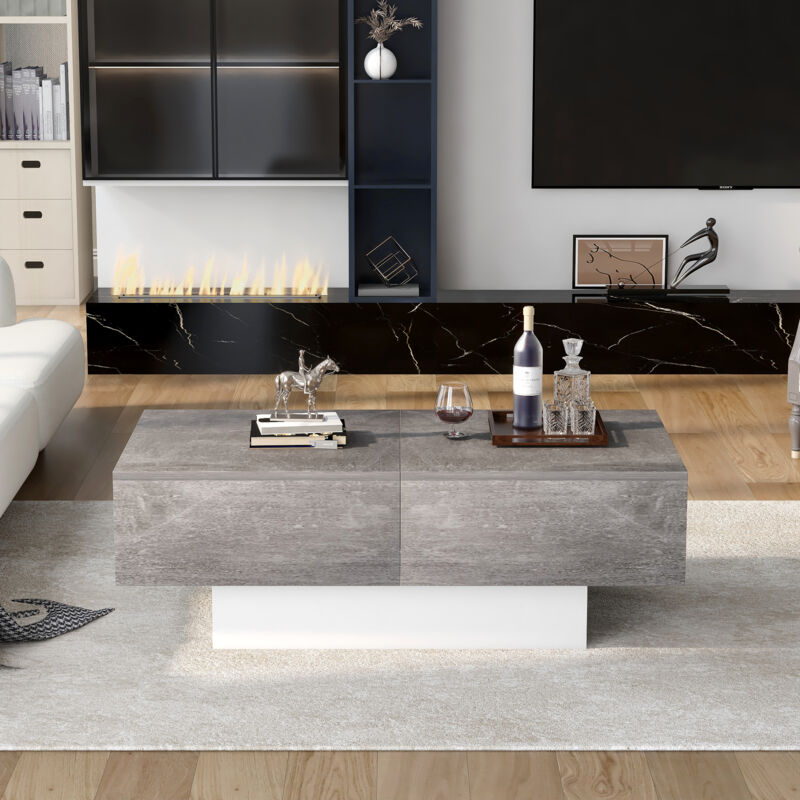 foto del prodotto tavolini bassi fissi 102x60x40cm piano retrattile con spazio di archiviazione, tavolino rettangolare, tavolino salotto, truciolare, grigio e bianco
