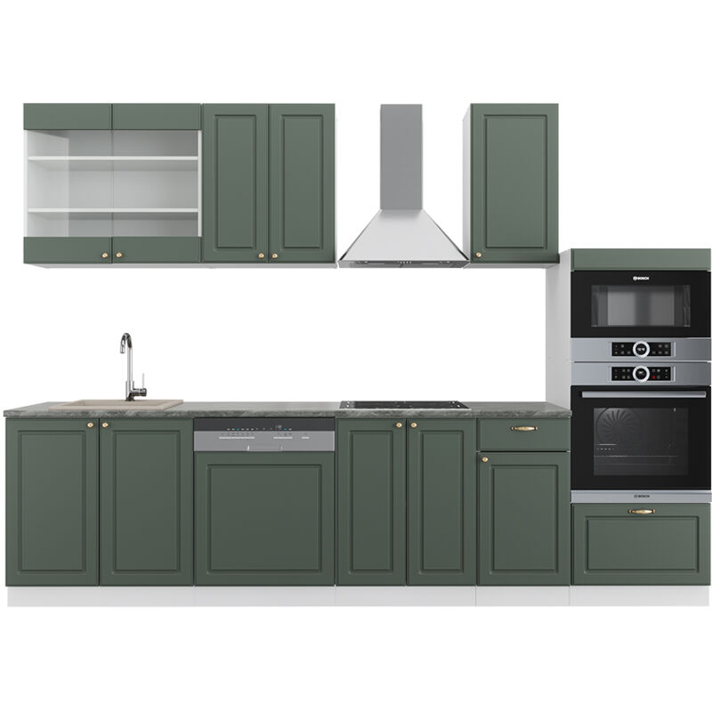 foto del prodotto cucina componibile fame line, verde oro country house bianco, 300 cm con armadio alto, senza piano di lavoro, vicco