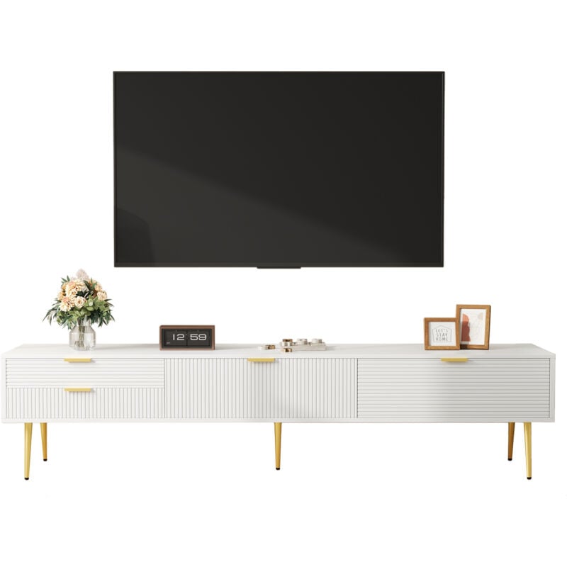 foto del prodotto elegante mobile tv, mobile basso. con cassetti e ante, mobili per il soggiorno. design moderno. manici e piedini dorati.
