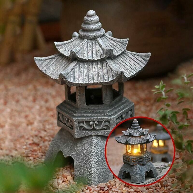 foto del prodotto lanterne a pagoda alimentate ad energia solare, ornamenti da giardino in stile giapponese, pagoda vintage luminosa autoalimentata decorativa per prato