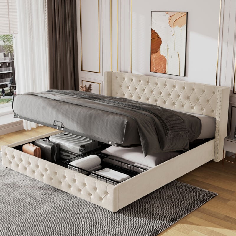 foto del prodotto letto contenitore, letto matrimoniale, letto per adulti, design rivetto, funzione idraulica, velluto 140x200cm, beige senza materasso 