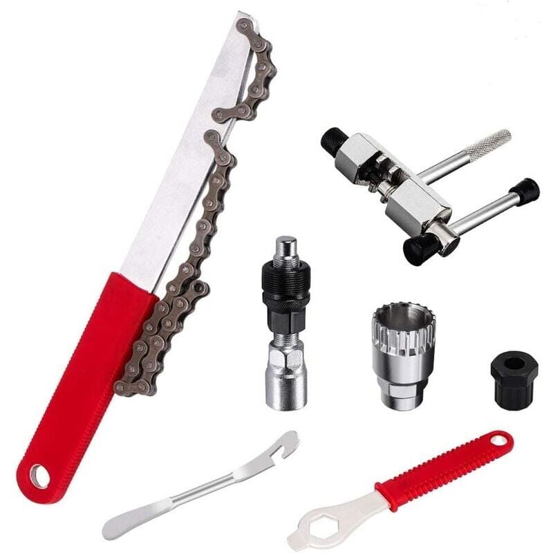 foto del prodotto kit attrezzi per riparazione bici, kit attrezzi per catena bici con frusta a catena, estrattore pedivella bici, dispositivo di rimozione movimento