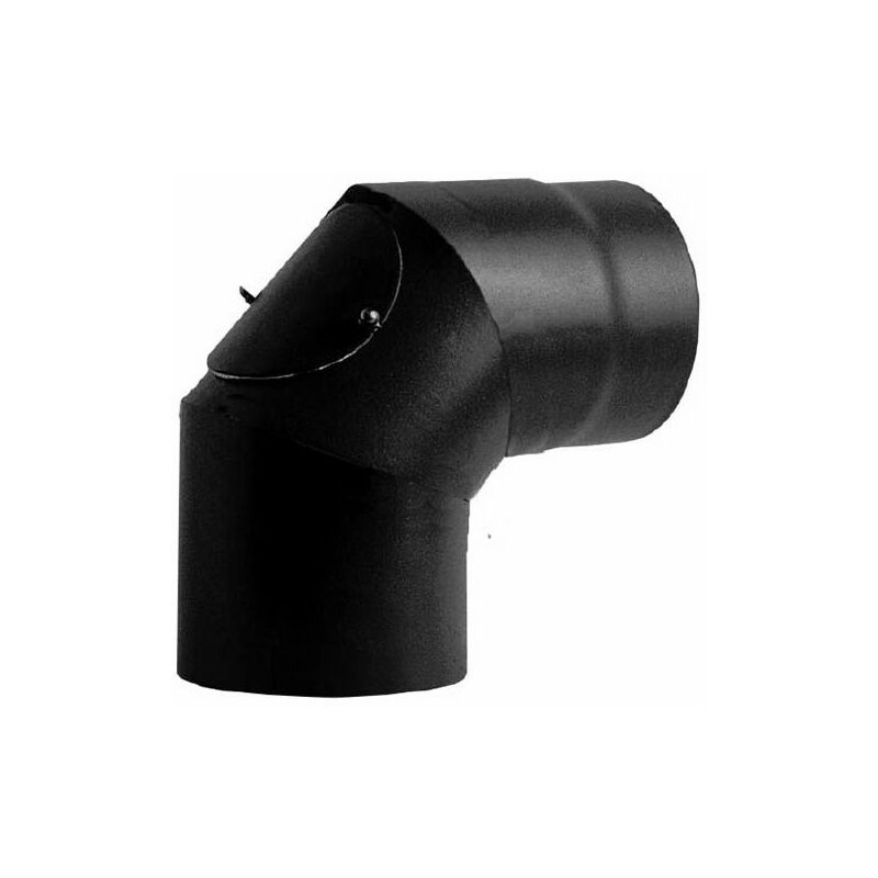 foto del prodotto curva 90 con ispezione dn 120 smaltato verniciato 600 gradi per stufa a legna. tubo nero acciaio smaltato 600 gradi ce made in italy